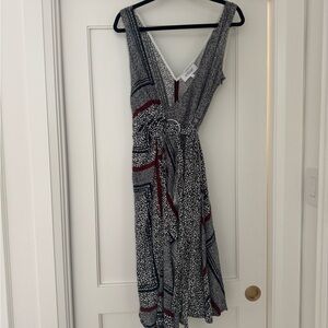 Derek Lam Sleeveless Printed Wrap Midi Dress in Navy, Black & Burgundy